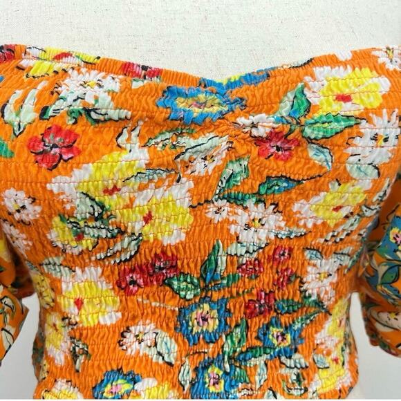 Zara Womens Balloon Sleeve Crop Top Flounce shirt Sz L Orange Floral Boho Fun - Picture 6 of 12